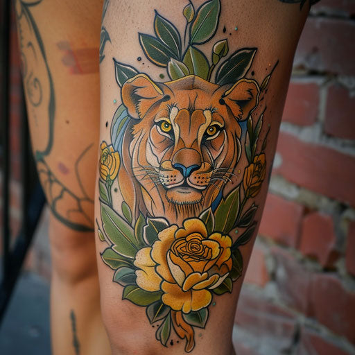 Neo-traditional tattoo of a lioness representing strength