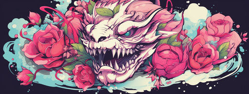 Japanese dragon with roses in mischievous feline style