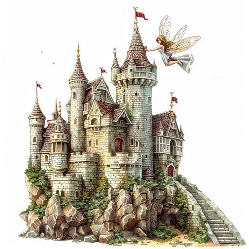 Fairy tale castle with fairy landing at castle