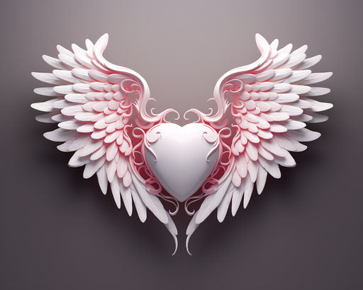 Angelic heart with pink wings in dark white style