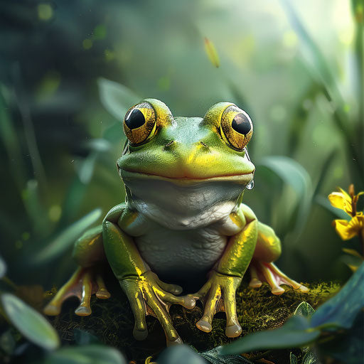 Illustration of cute frog in photo realistic style with flat random background, ethereal glow and soft edges