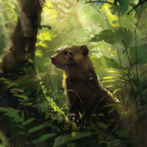 Exploration of a wild mink in the thick undergrowth of a lush forest