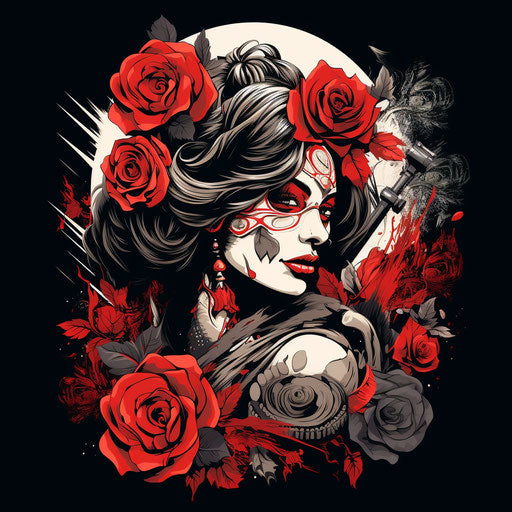 Girl with gun and roses on face