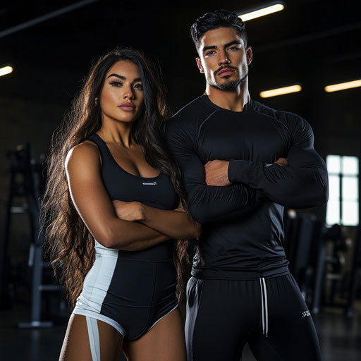 Confident couple in sporty outfits in modern gym