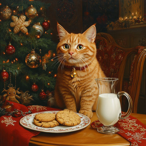 Ginger cat by milk and cookies for Santa, tempted but good