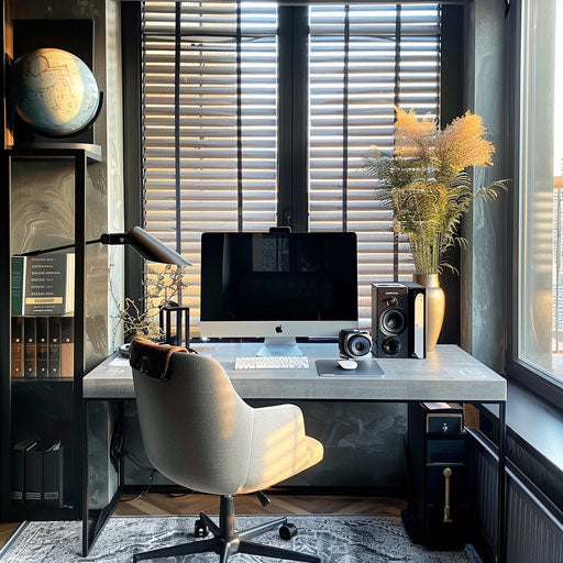 Stylish home office with large desk and ergonomic accessories
