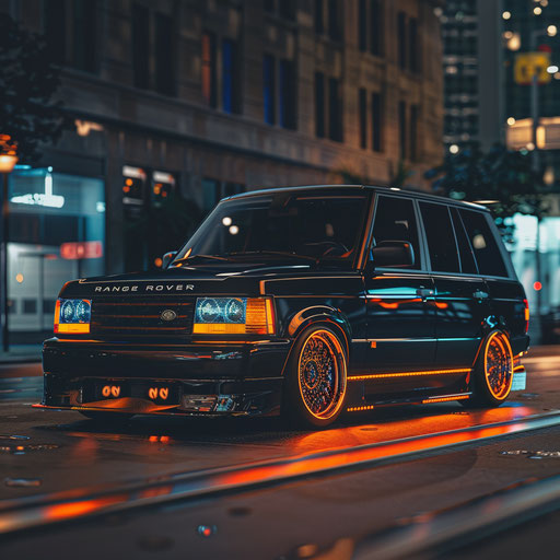 Modified SUV cruising city streets at night