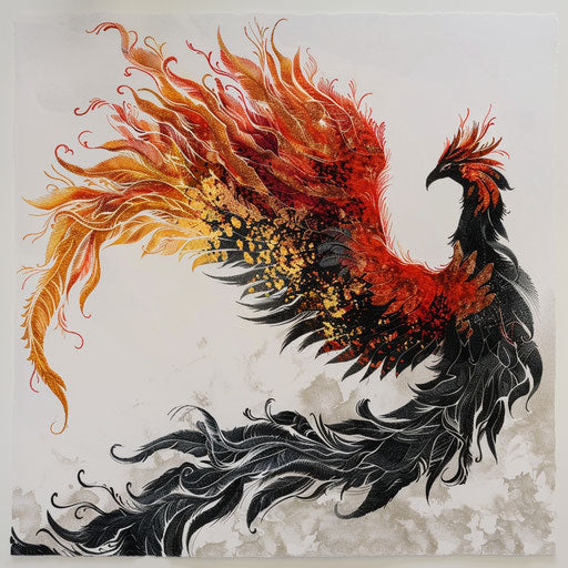 Gothic phoenix rising from flames, black, red, gold feathers on white