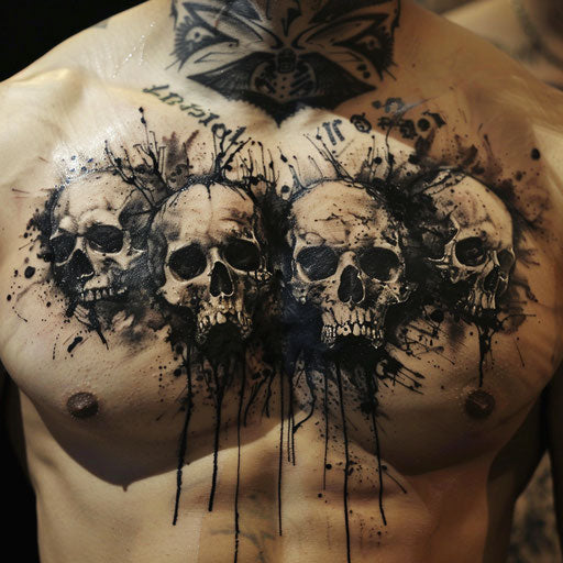 Men's chest tattoo with dark, gothic elements and skulls