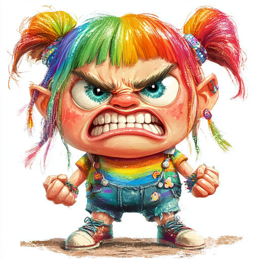 Humorous caricature of a boho rainbow caricature clipart with human characteristics, exaggerated rosy cheeks, big feet, tiny, vibrant colors, cartoon style, angry, high-resolution, no background, isolated