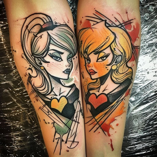 Mother and daughter tattoos in comic book style, like Humberto Ramos