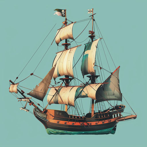 Realistic pirate ship clipart with teal flat background
