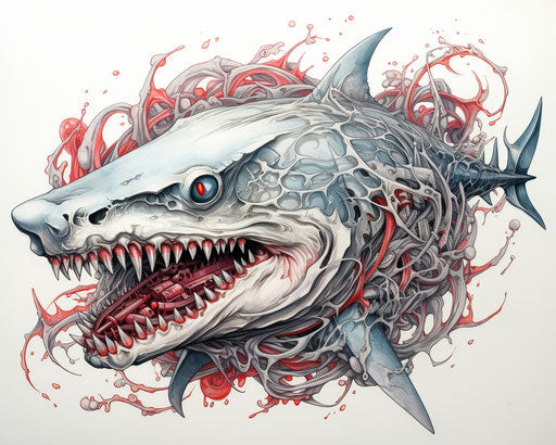 evil flame shark with red bite, fine line work style