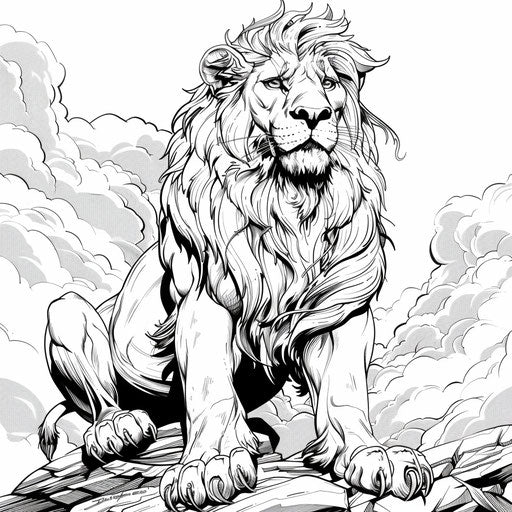 Epic lion in heroic pose in the style of Mark Schultz