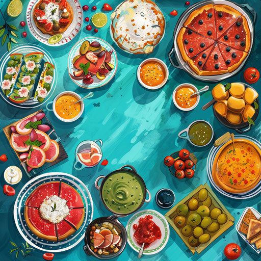 Photorealistic potluck clipart with flat teal background