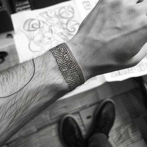 Flat tattoo sketch of a wrist band with classic Greek key patterns
