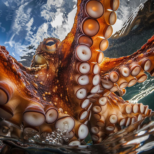 A close encounter with an octopus, tentacles reaching out towards the camera, a moment of connection.