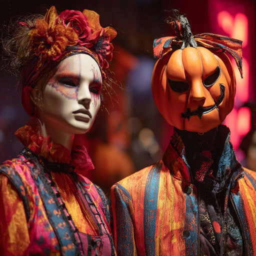 Mannequins in vibrant, spooky Halloween costumes