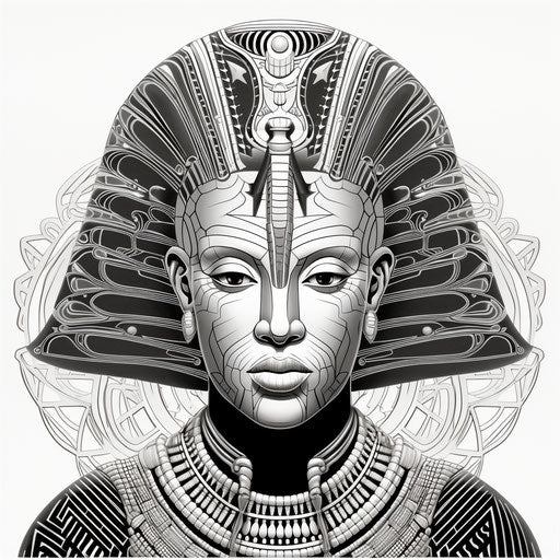 Illustration of royal pharaoh in black and white, in the style of Afrofuturism-inspired, kintsugi, flat, limited shading, pointillist stippling, tanbi kei, hurufiyya, symmetrical designs