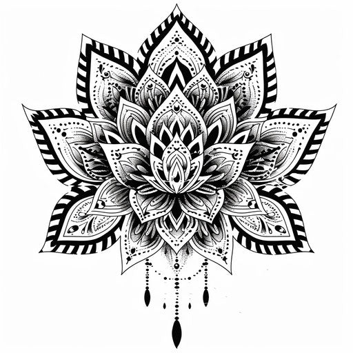 Ethnic style small lotus mandala tattoo design, intricate patterns on white