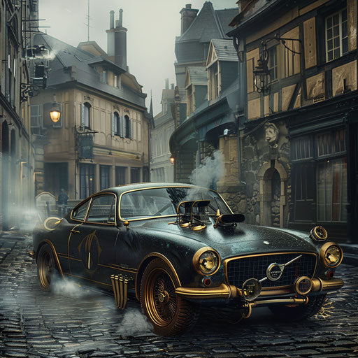 Steampunk reinterpretation of a 1966 Volvo P1800 in an old Victorian town
