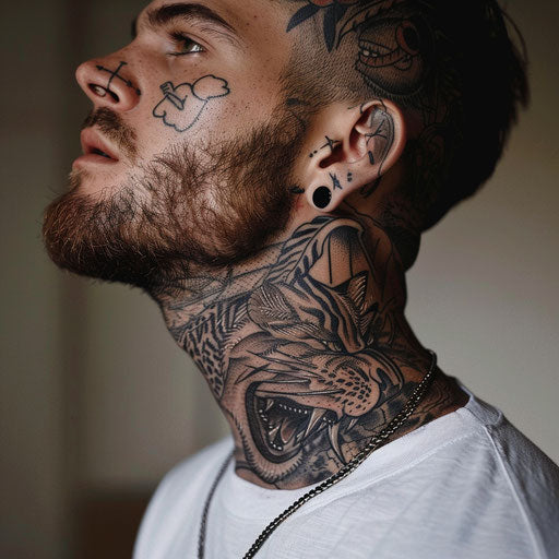 Men's neck tattoo with fierce animal designs, Ami James style