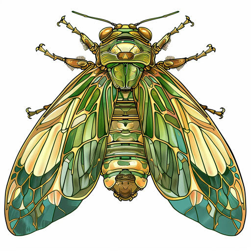 Tattoo sketch of a cicada with green and gold colors