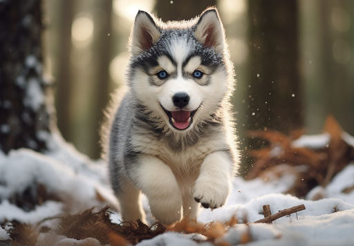 Husky puppy running in the snow in a forest