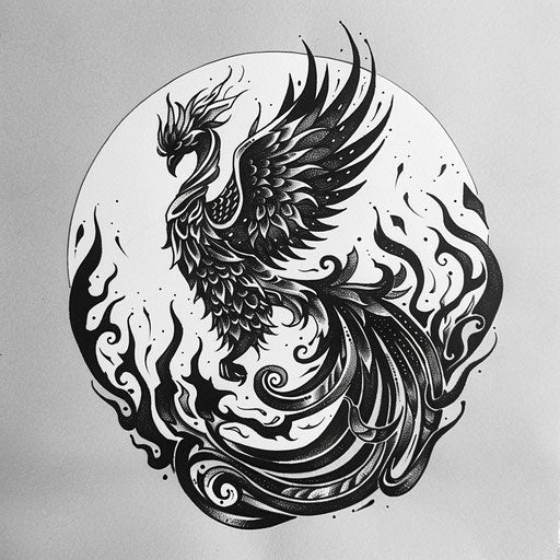 Bold flat tattoo sketch of a phoenix rising from flames in a magical display