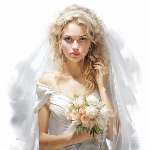 Bride in the style of Oil painting, on white background