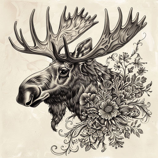 Elegant sketch of a flat tattoo of a moose with Art Nouveau inspired floral patterns