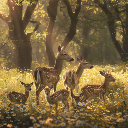 Family of Yezo sika deer grazing peacefully on a wildflower meadow in full bloom