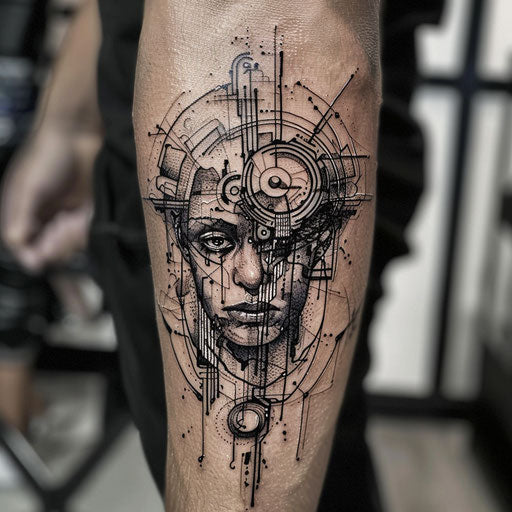 Depressive tattoo with cyberpunk motifs, in the style of Adrian Smith