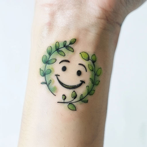 Nature-inspired smiley face tattoo, eco-friendly, green themes, on white background