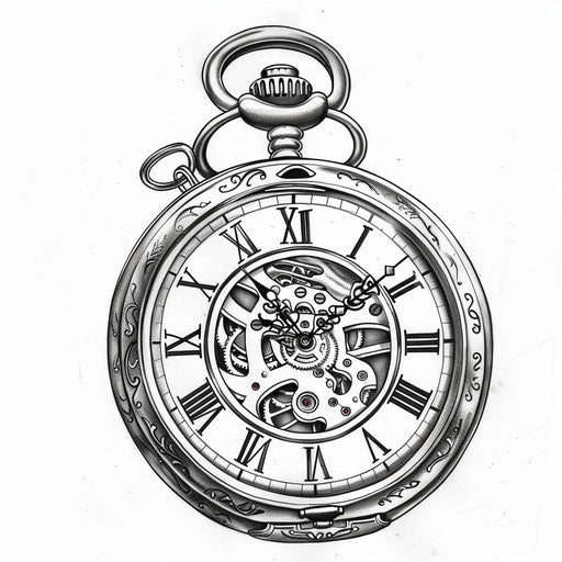Tattoo sketch of a vintage pocket watch with gears and filigree, clipart style, flat black ink