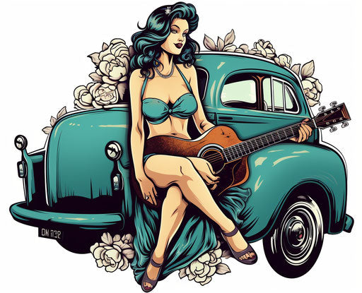 decal sticker image of a girl in pin-up outfit and vintage acoustic guitar