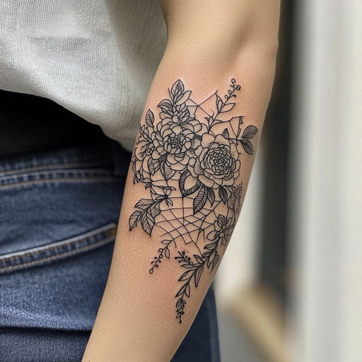 Elbow tattoo with intricate floral spider web design