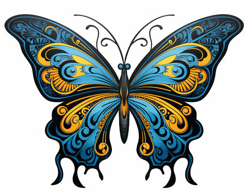 Butterfly tattoo design, black and blue, dayak art, vibrant colors
