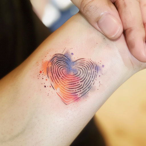Surreal fingerprint heart tattoo with dream-like elements