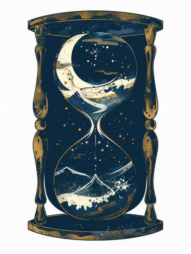 Hourglass with starry sky and moon, feminine sticker art style