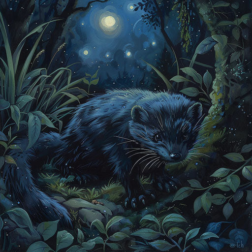A nocturnal wild mink exploring the forest floor under a starry sky