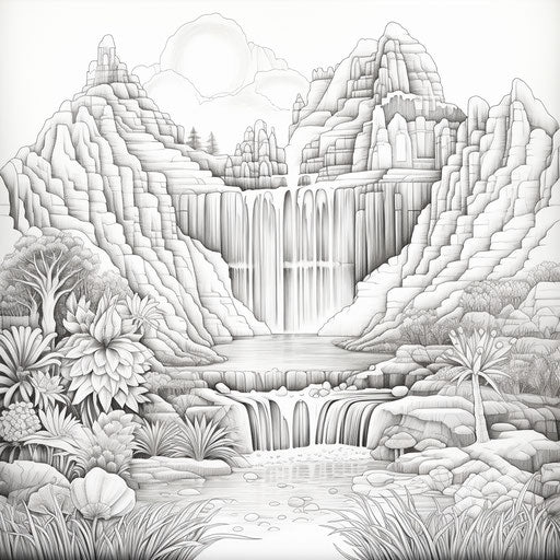 Desert landscape with waterfall, ornate style