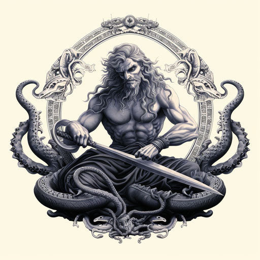 Vintage illustration of a satyr and a cobra with a sword tattoo