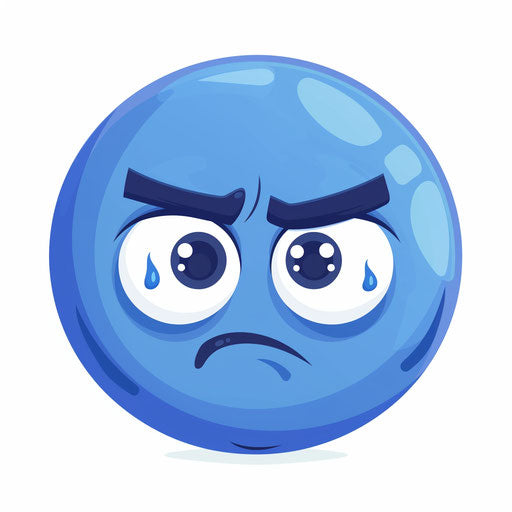 Sad face emoji in blue sphere on white background