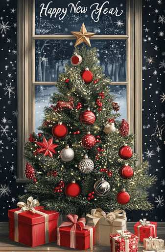 Christmas tree with red and silver ornaments, mistletoe, stars
