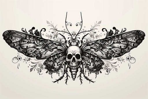 Black and white winged insect tattoo in skull motif style