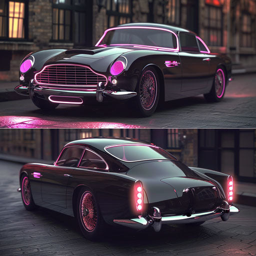Retro-futuristic Aston Martin DB6 with electric propulsion and holographic displays, imagined in 2050