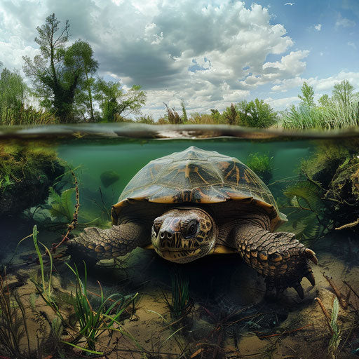 Panoramic view of a snapping turtle in its natural habitat