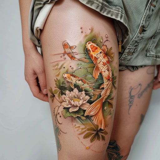 Realistic tattoo of a koi fish in water on the thigh