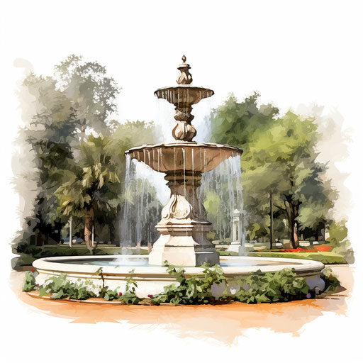 Fountain clipart in the style of oil painting, on white background